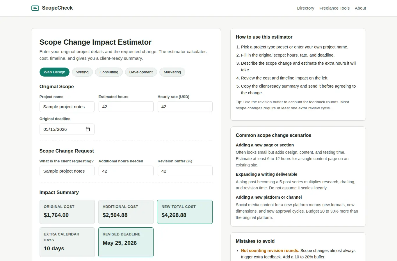 Screenshot of Freelancer Scope Change Impact Estimator interface showing the project page in use